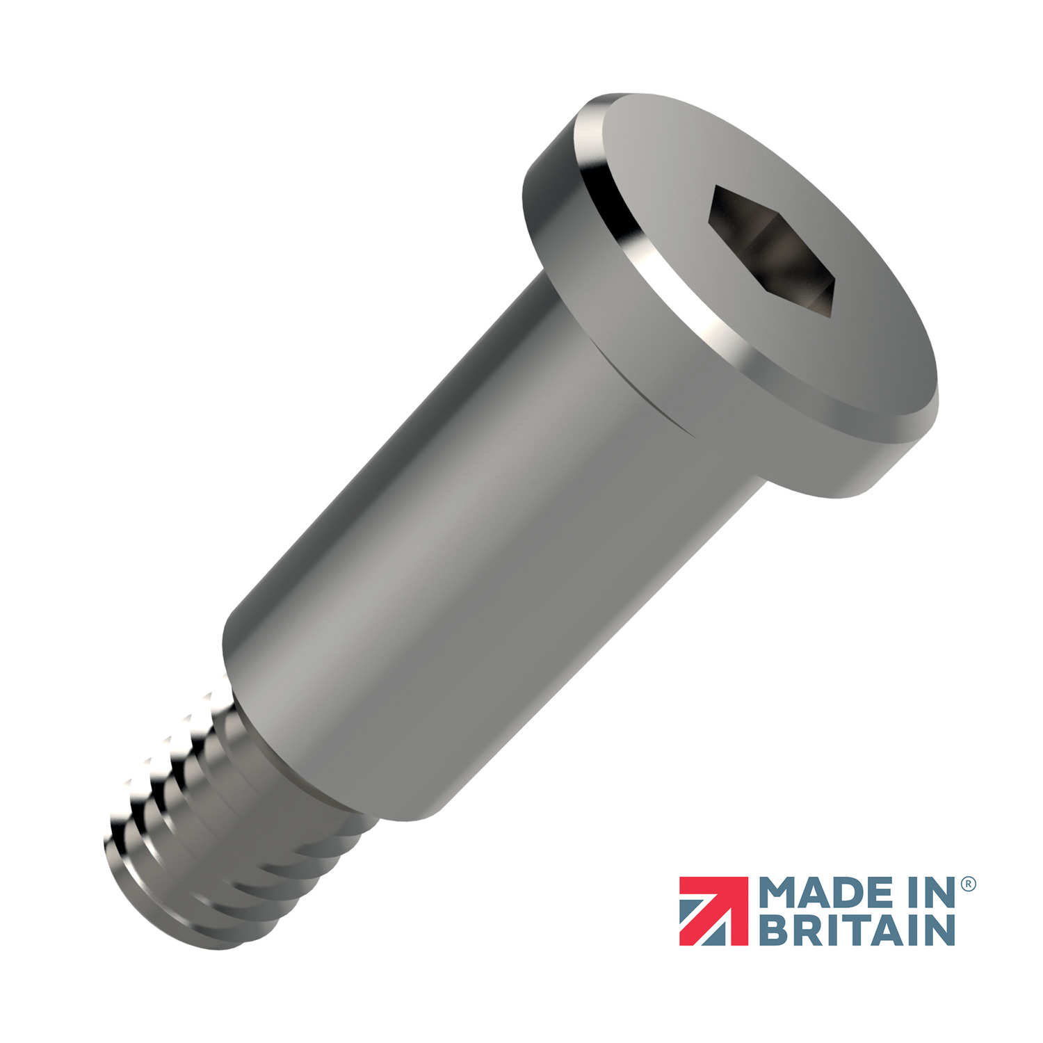 sideways view, diagonally of silver coloured ultra low head screws with hex drive and Made in Britain logo next to it